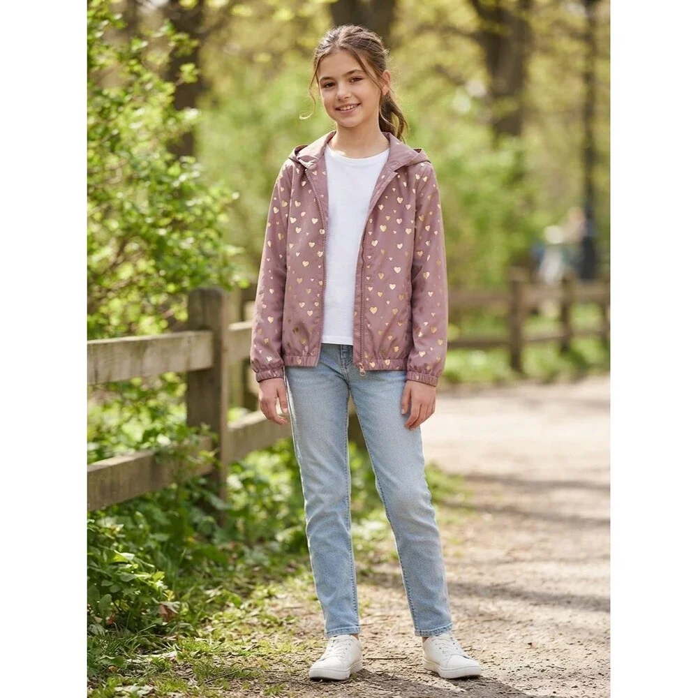 NWOT Louise Paris Kids Girls Pink Gold Heart Hooded Windbreaker Jacket L 14